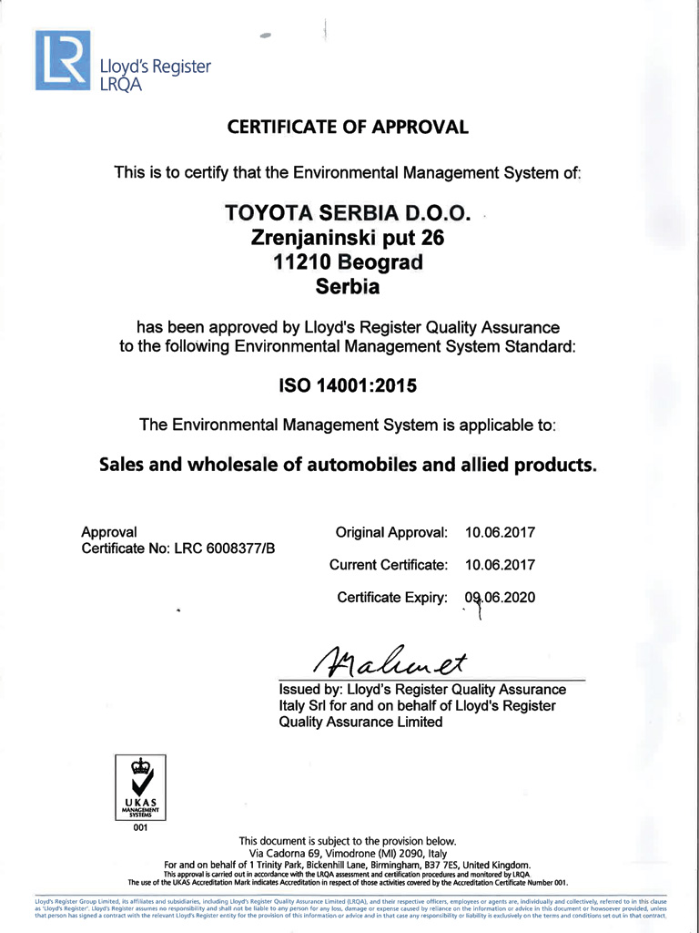 Tooyota centar Beograd - Sertifikat ISO 14001